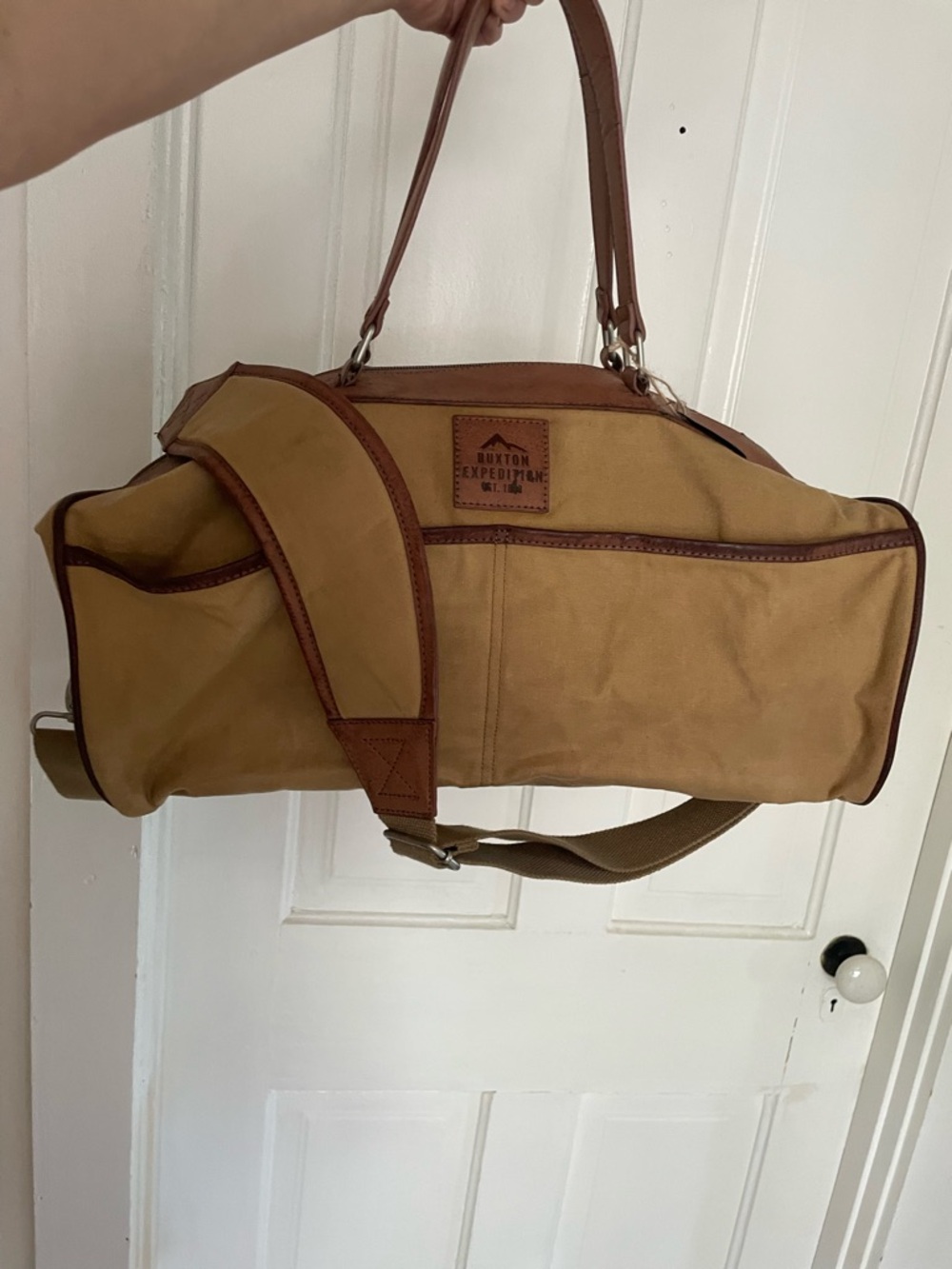 Buxton Tan Canvas Duffel with Brown Trim